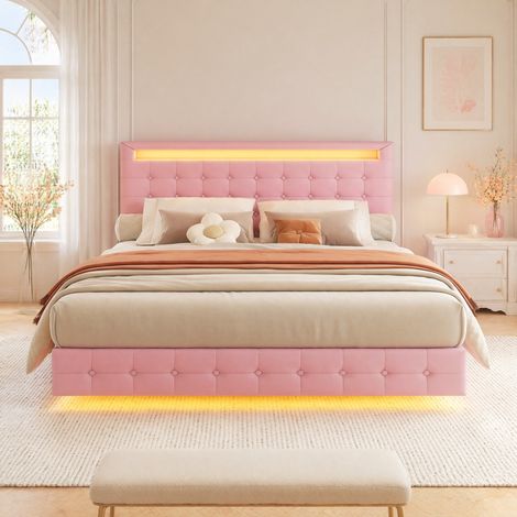 lit 140x200 flottant LED tête réglable PU rose OKMYHOME (1/5)