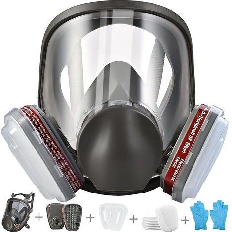 Wiederverwendbare Vollgesichtsmaske, Atemschutzmaske mit 10 Ersatzfiltern und 5 Paar Handschuhen für Farbe, Partikel, Staub und Chemikalien