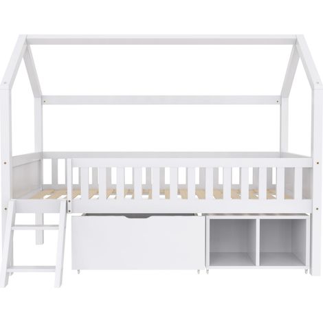 Lit cabane enfant 90x200 cm blanc avec tiroirs, étagères, échelle et barrière de sécurité (1/5)