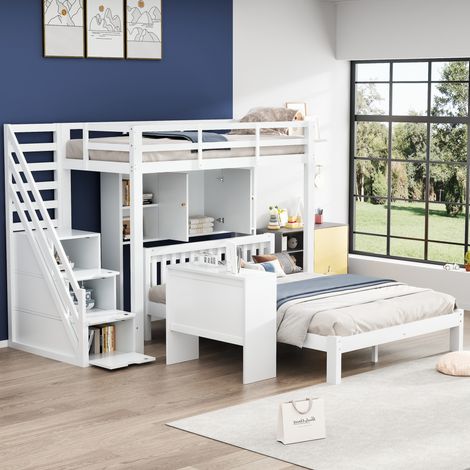 Etagenbett 90/200 und 140/200 cm weiß aus Massivholz und MDF mit Stauraumtreppe und Regalen (1/5)