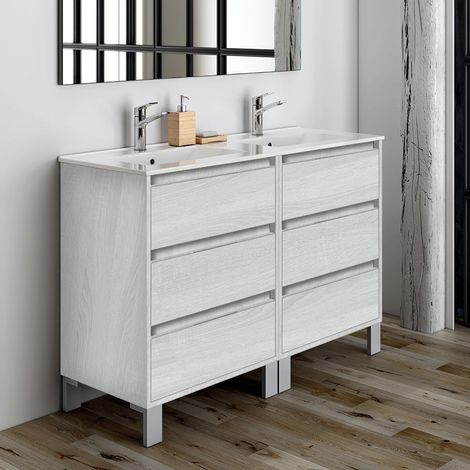 Meuble de salle de bain 120cm double vasque - 6 tiroirs - sans miroir - hibernian (bois blanchi) - TIRIS 3C (1/4)