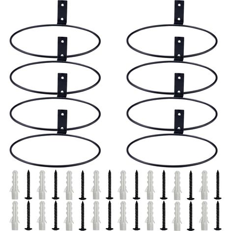 Lot de 8 Supports Muraux pour Pots de Fleurs en Acier (20 cm) - Anneaux de Suspension avec Vis Incluses - pour Plantes d'Intérieur/Extérieur et Gamelles de Chien - Noir