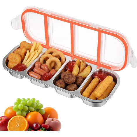 1 Boîte à snacks, Acier inoxydable 304, 4 compartiments, Couvercle étanche, Pour pique-nique bureau (1/5)