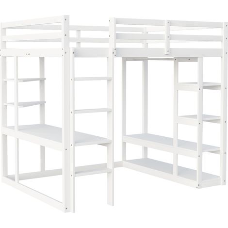 Lit mezzanine avec échelle en bois massif 140200 cm, avec table et étagères, avec simples crochets et tablette en stratifié, lits pour enfants et adolescents, lits doubles, blanc (1/5)