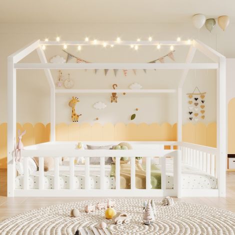 Lit enfant sécurisé-LED intégrée-pin massif-minimaliste blanc-sans matelas-195x191x156,5cm-Sans Matelas