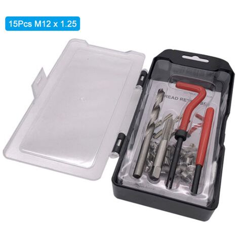 Kit de réparation de filetage M12 x 1,25 (15 pièces) compatible Helicoil pour filetages endommagés de 12 mm