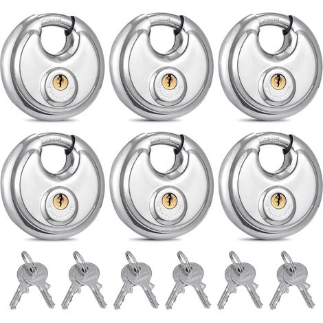 Cadenas à Clé 6 Pièces 70mm, Cadenas Antivol Rond, en Acier Inoxydable, Cadenas avec Clé, Étanche et Résistant, Idéal pour Stockage, Garage, Abri et Salle de Sport (1/5)