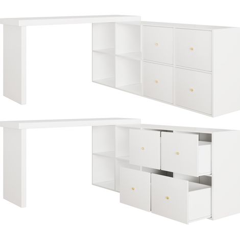 Scrivania ad angolo girevole 360° in MDF bianco con 4 scomparti e 4 cassetti (1/5)