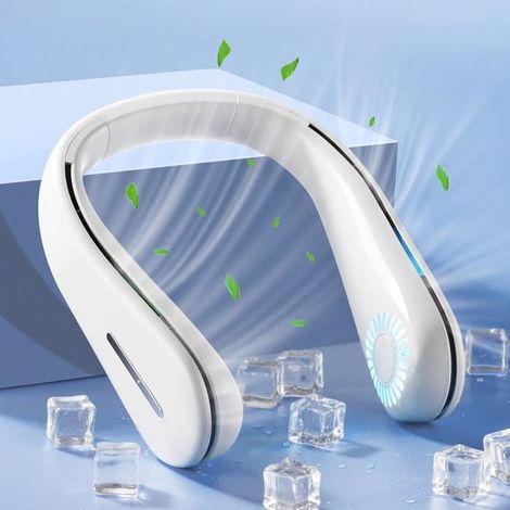 Ventilateur de cou personnel sans pales, rechargeable de type C avec lumière LED pour siège de camping-car, berceau, vélo (blanc) (1/5)
