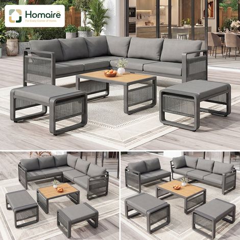 HOMAIRE Set de salon de jardin pour 6-7 personnes, canapé en corde tissé main, garniture d'angle et chaise longue en fer résistants aux intempéries, avec coussins souples et pieds réglables, gris