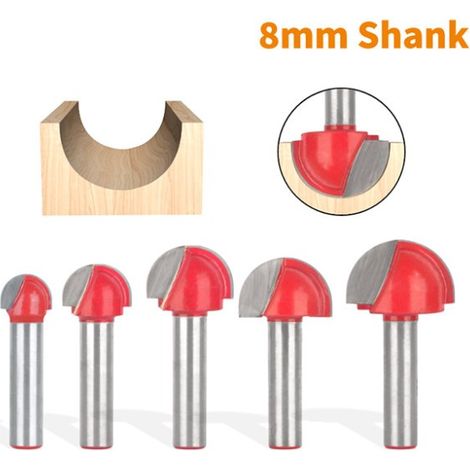 Rundboden-Holzfräser, 5-teiliges Set mit 8-mm-Schaft, Hartmetall-Nutfräser für Fräswerkzeuge (1/4)