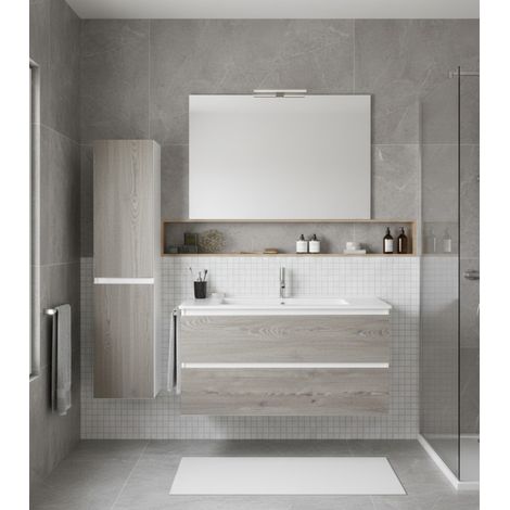 Ensemble Meuble de salle de bain LOKI Livré Monté 2 tiroirs avec pieds, lavabo et miroir Combi 100x45 cm avec colonne (1/2)