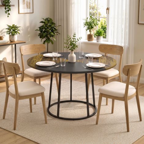 Table de salle à manger ronde Ø120 cm pour 4 à 6 personnes, plateau bicolore, style industriel, marron rustique et noir. (1/5)