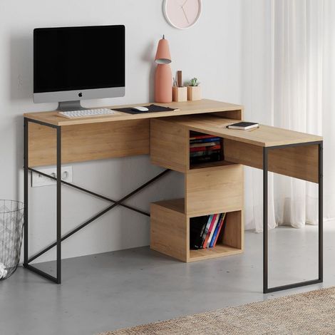 Erweiterbare Schreibtisch Badau in Eiche mit schwarzen Metallbeinen 110x37,2x77 cm