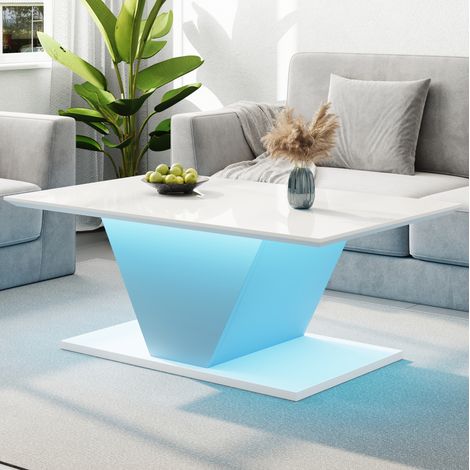 Tavolino da caffè 100x50x46 cm bianco con LED e finitura lucida, in truciolato, MEUBLIV (1/5)