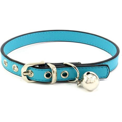 Collier Cuir - Clochette Cuivre - Réglable 15 à 21 cm - Largeur 1 cm - Pour Petit Chien et Chat - Bleu (1/5)