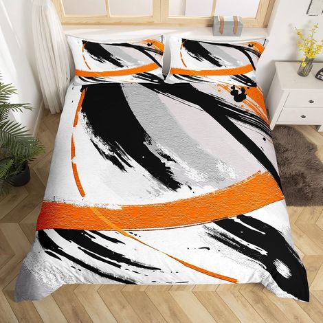 Housse de Couette 220x240 cm avec 2 Taies d'oreiller, Parure de Lit Noir Gris Orange, Sets de Housses de Couettes Coups de Pinceau, Couvre Lit Vintage Abstraite Dégradé Graffiti (1/5)
