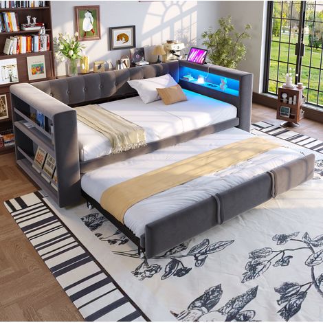 Sofá cama multifuncional (214x97x74 cm), con almacenamiento lateral, luz LED multicolor y enchufes, flanela, gris oscuro (1/5)