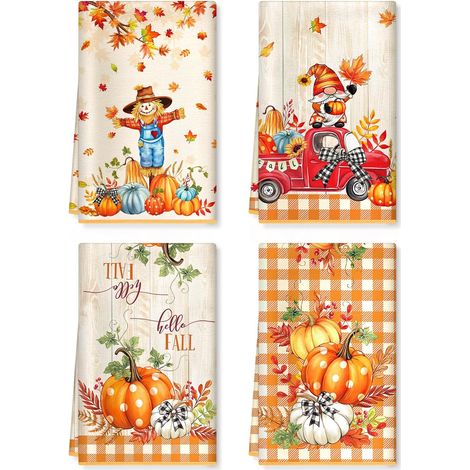 Torchons de Cuisine Lot de 4, Épouvantail Citrouille d'automne Serviettes de Cuisine Torchon Vaisselle, Doux et Super Absorbant Accroche Serviettes de Bar Cadeau Décoratif 40 x 60CM (1/5)