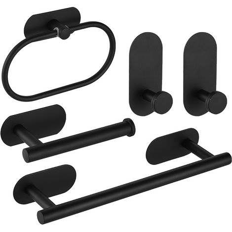 Juego de 5 piezas para organizar el baño, que incluye barra, portarrollos de papel higiénico y ganchos no requiere perforaciones acero inoxidable (negro). (1/5)