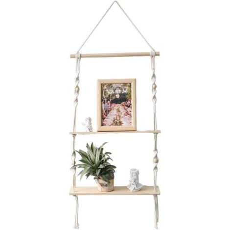 BUNTHAUS Étagère murale en macramé double niveau avec planches en bois – Décoration suspendue