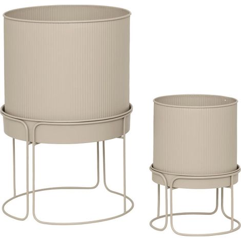 Atmosphera – Lot de 2 cache-pots en métal 44cm – Beige lin – Trou d'évacuation d'eau – Usage extérieur – À monter soi-même (1/2)