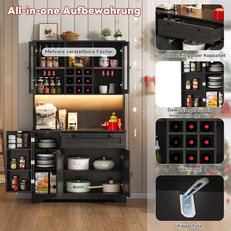 Meuble de cuisine haut avec porte, armoire de rangement à vitrine, étagère à épices intégrée, tablettes réglables, éclairage LED multicolore et prise électrique, 180 × 105 × 40 cm (1/5)