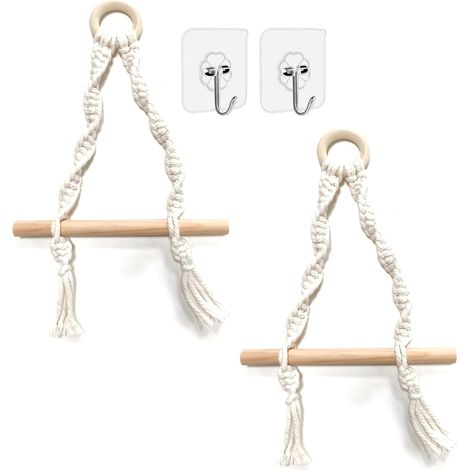 Lot de 2 porte-papier toilette sans perçage - Beige - Style bohème - Pour salle de bain - Suspension murale - Design macramé - Décoratif - Stable - Peu encombrant - Pour les toilettes d'invités (1/5)
