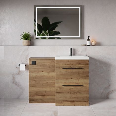 Napoli 390 Tobacco Oak 1100mm 2 Drawer Vanity Unit Toilet Suite with Glide Basin - 1100mm - Matt Black 320mm HandleWithout Kingston Toilet Pan