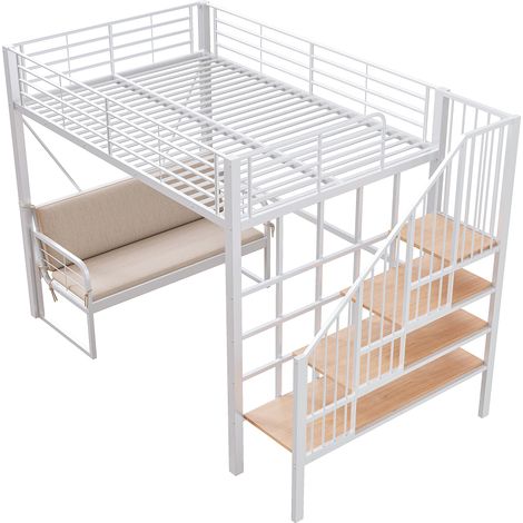 Lit superposé (140 x 200) avec cadre métallique stable, lit mezzanine avec canapé rembourré amovible, espace de rangement et escalier de sécurité. Convient aux enfants, adolescents et adultes - Blanc (1/5)