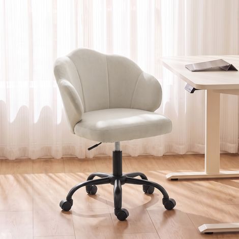 Chaise Bureau en Velours, Chaise Coiffeuse avec Dossier en Pétale, Hauteur Réglable, Fonction Bascule, Crème (1/5)