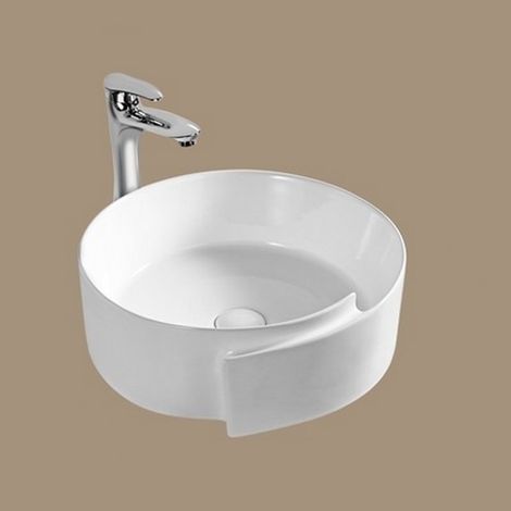 Rue Du Bain – Vasque à poser ronde 43 cm – Céramique blanche sans trop plein – Installation avec robinet mitigeur murale – Pour meuble suspendu (1/2)