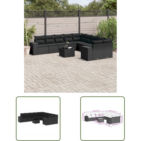 The Living Store Salon de jardin 11 pcs avec coussins noir résine tressée - Ensemble Salon De Jardin - Meuble De Jardin - Résine Tressée - Rotin Synthétique - Mobilier Extérieur (1/3)