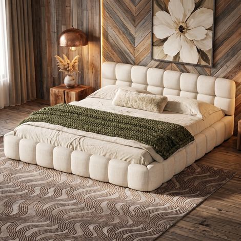 JOOKGBD-Bubble Bett Polsterbett 140x200 cm,Doppelbett mit Lattenrost, Jugendbett mit Gepolstertes Kopfteil, Gepolstertes Bett für Schlafzimmer und Gästezimmer,ohne Matratze, Leinenstoff,Beige