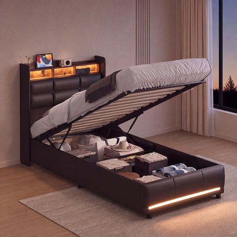 Lit coffre 90x200, avec LED RGB et station de charge sans fil USB, en similicuir moderne avec rangement hydraulique et tête de lit étagère, Noir (1/5)