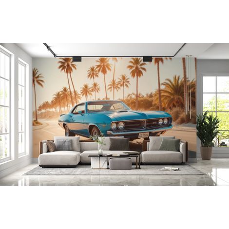 Papier peint voitures - cabriolet vintage bleu sous les palmiers - 150 x 250 cm (1/2)
