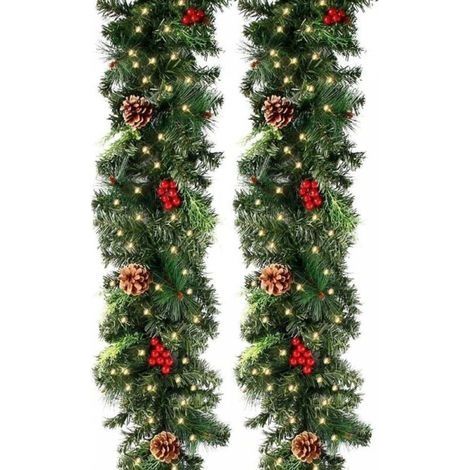 Guirlande sapin artificiel lumineuse 270 cm – 50 LEDs – 230 têtes – Pommes de pin et fruits rouges – Décoration Noël cheminée escalier (1/4)