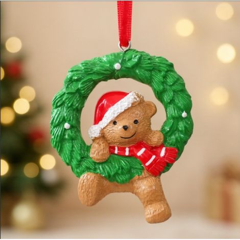 Ornement suspendu ours dans couronne de Noël 7 cm, figurine résine pour sapin (1/3)