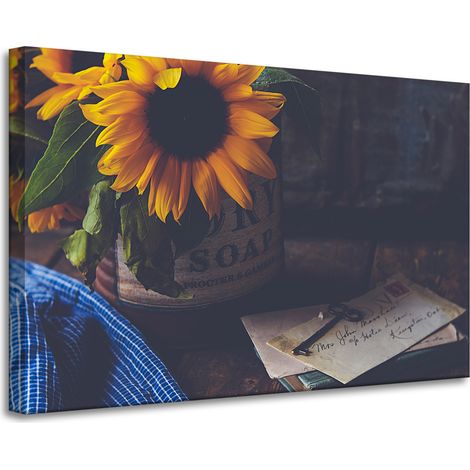 Stampa su tela con girasoli, stile vintage, 90x60