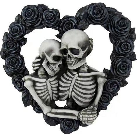 Sculpture Murale En Acrylique - Guirlande Cœur Avec Amoureux Squelettes Et Roses Noires - Décoration Gothique Pour Porte Ou Intérieur - 1 Pièce (1/5)