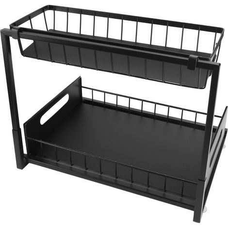 Étagère sous évier, en forme de L, à deux niveaux coulissants, pour sous l'évier de cuisine, rangement et organisation, noire (1/5)