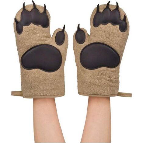 Gants de cuisine en silicone résistant à la chaleur – motif patte d'ours – dimensions 26 x 16 cm – lot de deux, adaptés à une utilisation au gril et au four. (1/2)