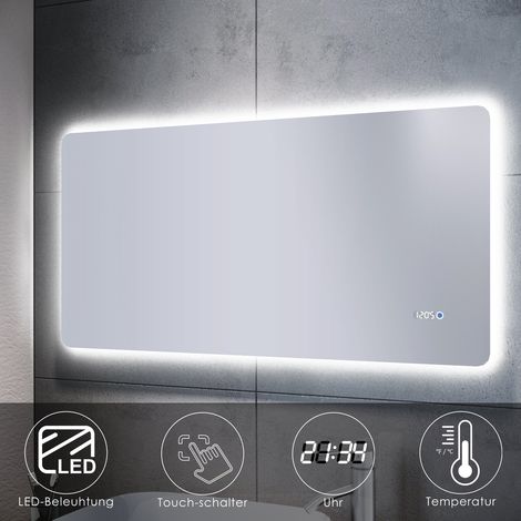 SONNI miroir de salle de bain LED Touch 120x60 avec éclairage horloge température miroir mural (1/5)