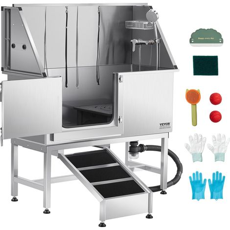 Baignoire de Chien Acier Inoxydable, Baignoire de Toilettage pour Animaux de Compagnie 127 cm Station de Lavage Chat, avec Rampe, Panneau Filtre à Eau, Robinet, Pommeau de Douche, Porte Gauche (1/5)