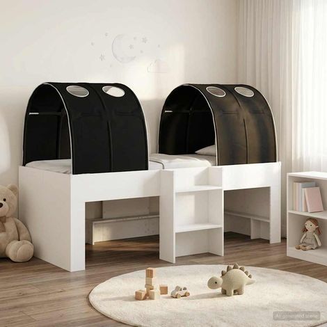 Lit haut pour enfants avec 2 tunnels, bois d’ingénierie, blanc et noir, 3 pièces - PANGIVO (1/5)