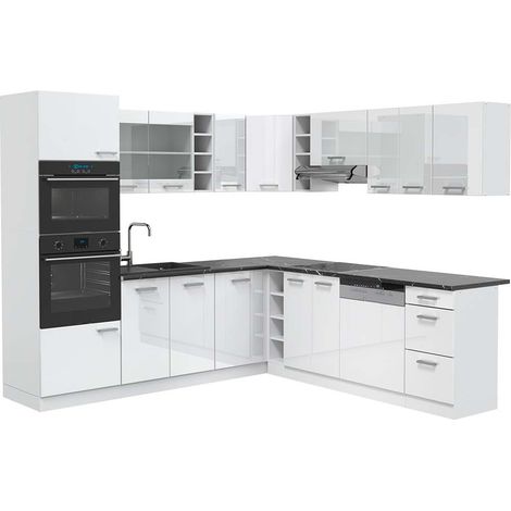 Cocina esquinera R-Line, Blanco alto brillo/Blanco, 247 x 237 cm, ET Antracita, Vicco