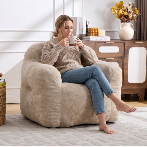 Fauteuil bean bag en fausse fourrure beige avec accoudoirs, rembourrage mousse, REDOM (1/5)