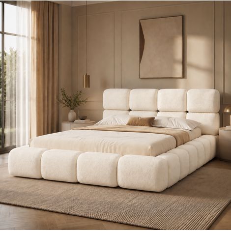 Lit double capitonné 180x200 cm avec rangement hydraulique et sommier blanc bouclé OKWISH (1/5)