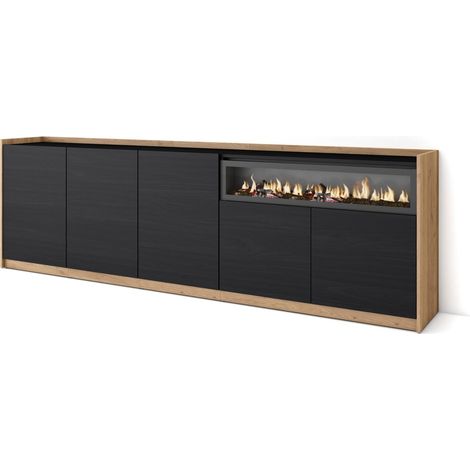 Skraut Home - Aparadores para salón, 260x37x80cm, 5 Puertas, Chimenea eléctrica, Negro y roble (1/5)