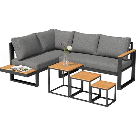 Ensemble de jardin - Salon de jardin 5 pièces - Canapé d'angle résistant aux intempéries - Structure en aluminium - Banc de jardin - Table de jardin - Ensemble de mobilier de jardin avec coussins (1/5)